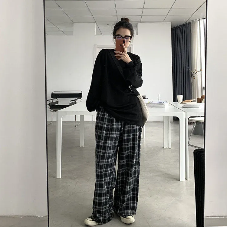 Popular Chequered Pants Women Korean ins Vintage Black Loose High Waist Casual Straight Pants