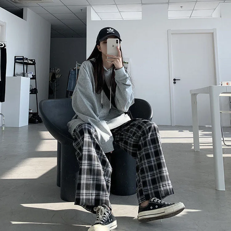Popular Chequered Pants Women Korean ins Vintage Black Loose High Waist Casual Straight Pants