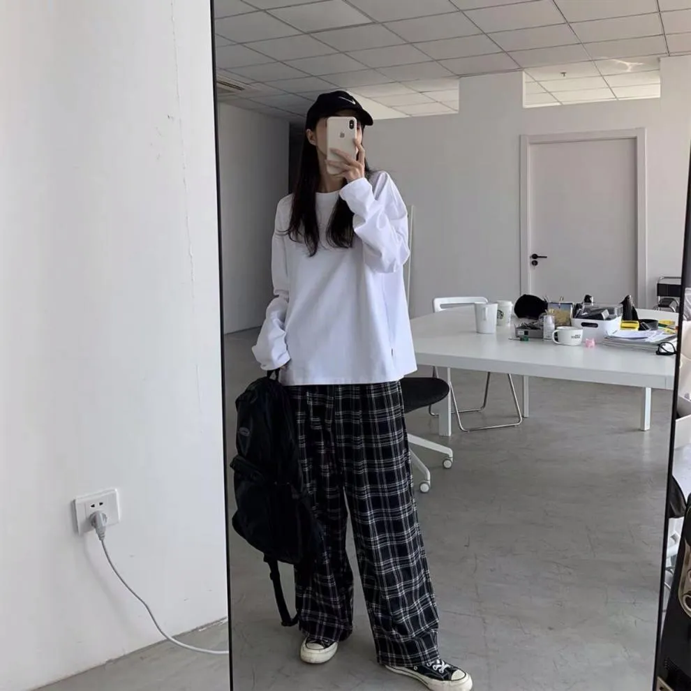 Popular Chequered Pants Women Korean ins Vintage Black Loose High Waist Casual Straight Pants
