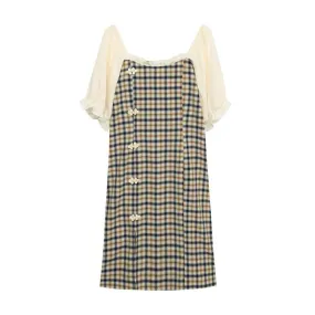Print Plaid Square Collar Button Dress