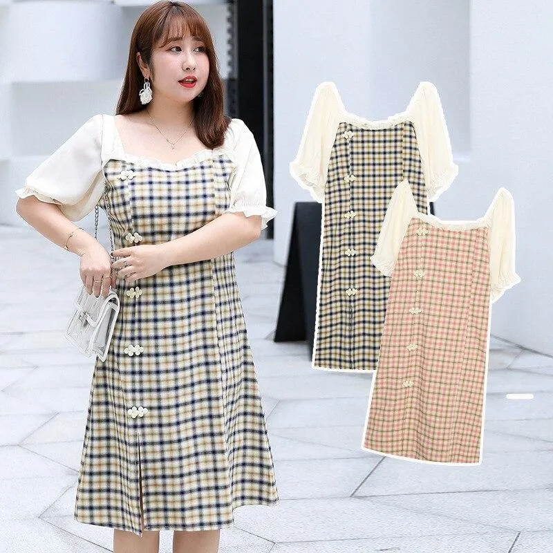 Print Plaid Square Collar Button Dress