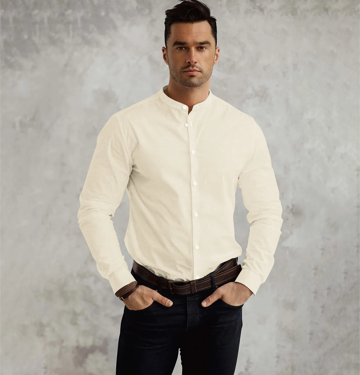 Pure Linen - Band Collar - Light Beige