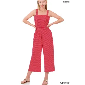 Red and White Striped Smocked Jumpsuit w/Pockets