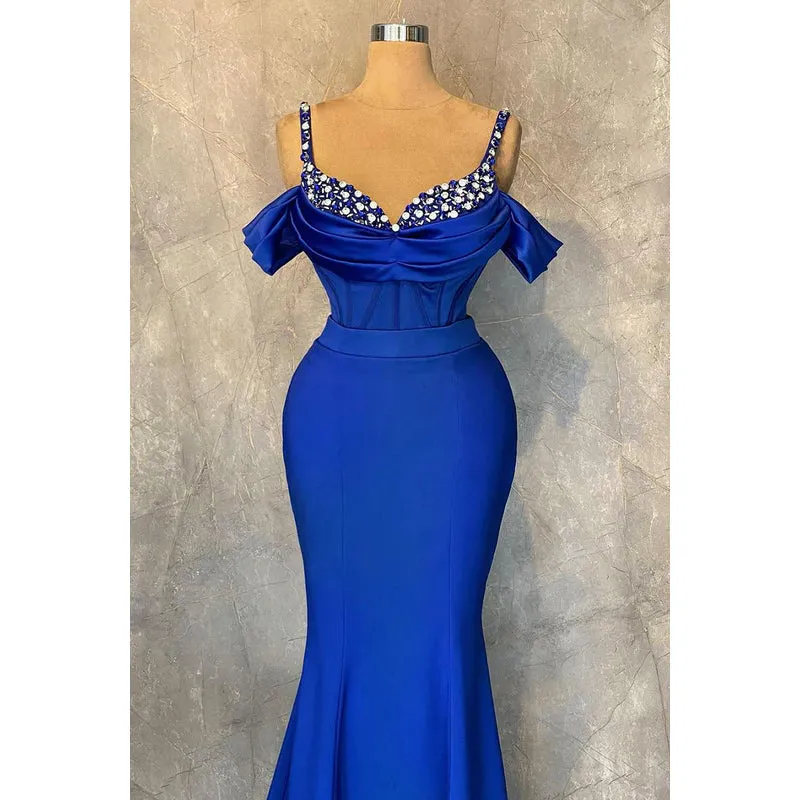 Rhinestones Straps Cap Sleeves Mermaid V-neck Party Formal Prom Dress
