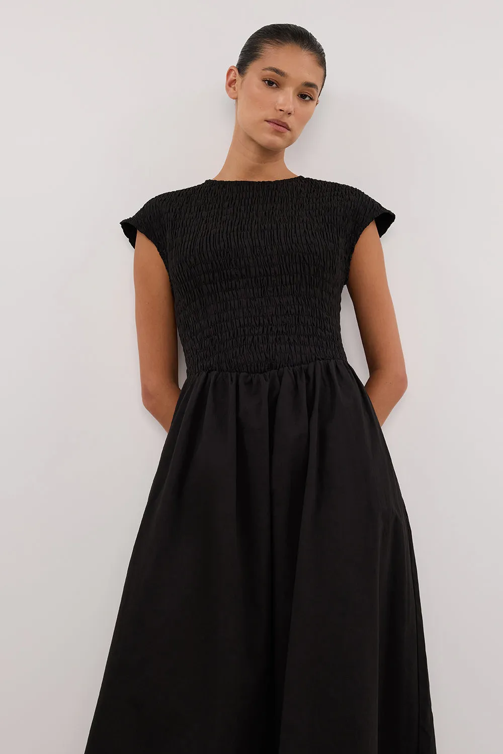 ROMA BLACK CAP SLEEVE MIDI DRESS