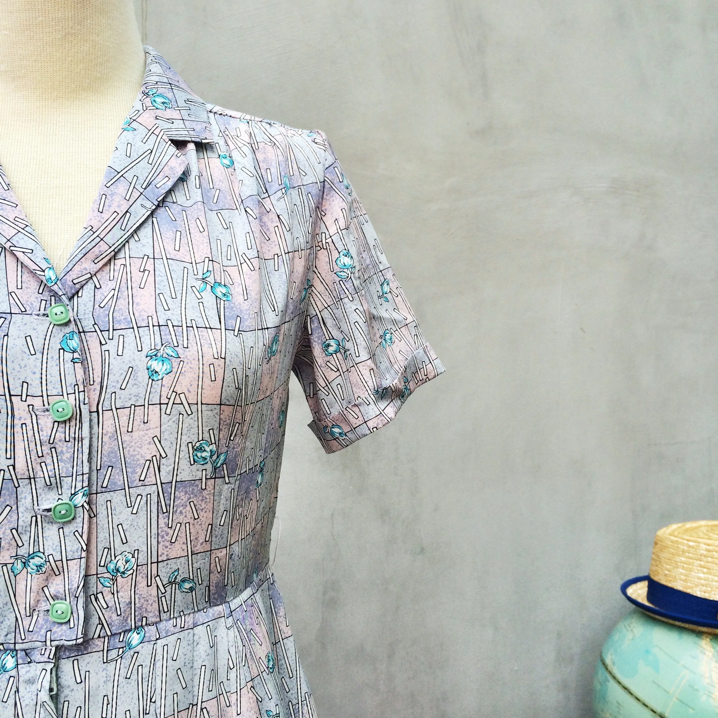 SALE! | Raining Blue Rose | Vintage 1940s shimmering sheen Pink light lavendar Blue Rose shirtwaist Dress