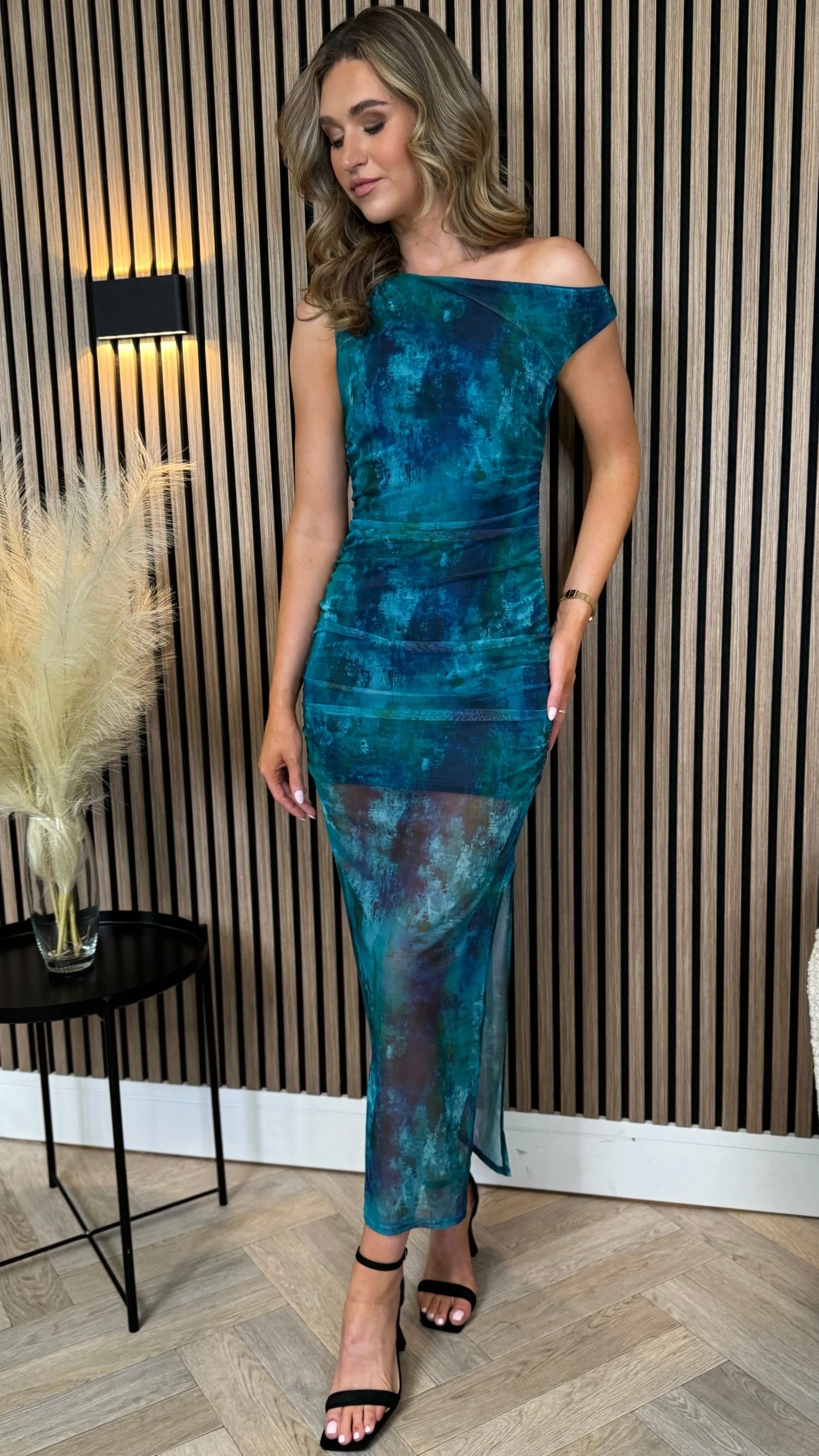 Sariah Green and Blue Printed Mesh Bodycon Midi Dress