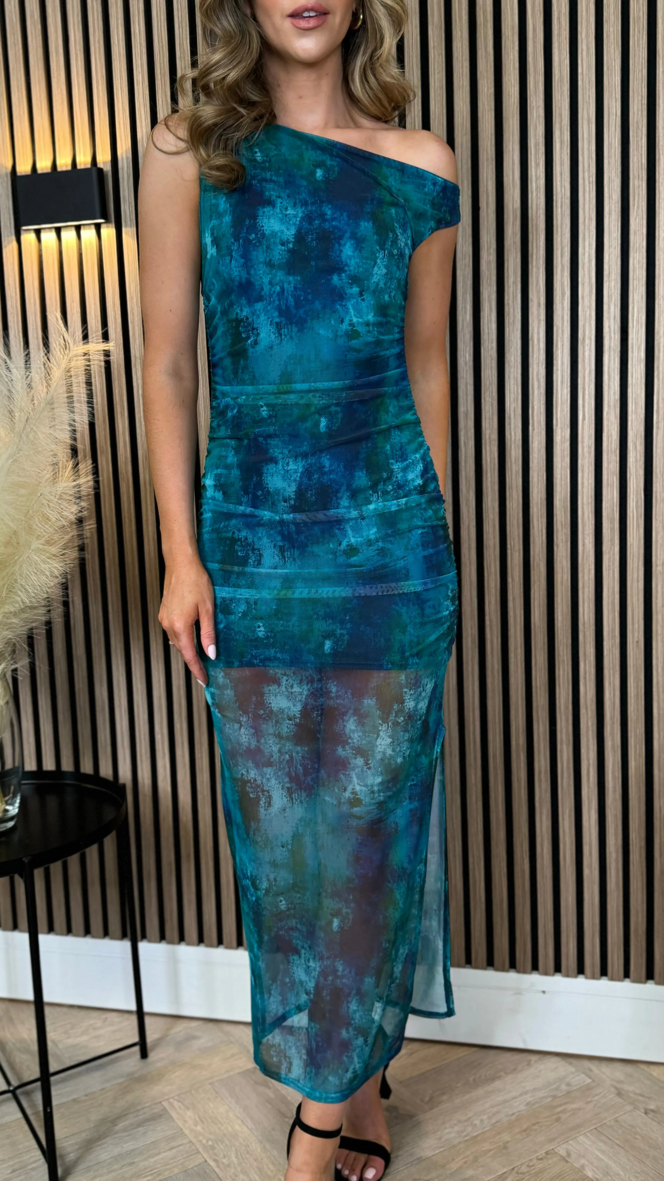 Sariah Green and Blue Printed Mesh Bodycon Midi Dress