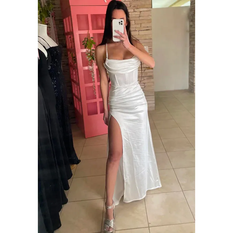 Sheath/Column Classic Spaghetti Straps Side Slit Evening Party Prom Dress