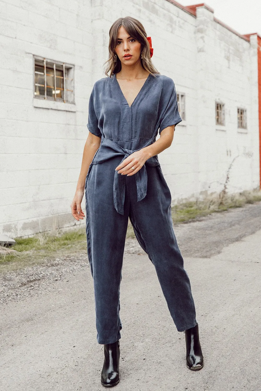 Short Dolman Sleeve V Neck Tie Front Jumpsuit