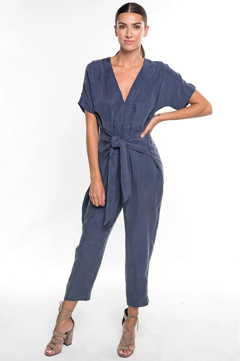 Short Dolman Sleeve V Neck Tie Front Jumpsuit
