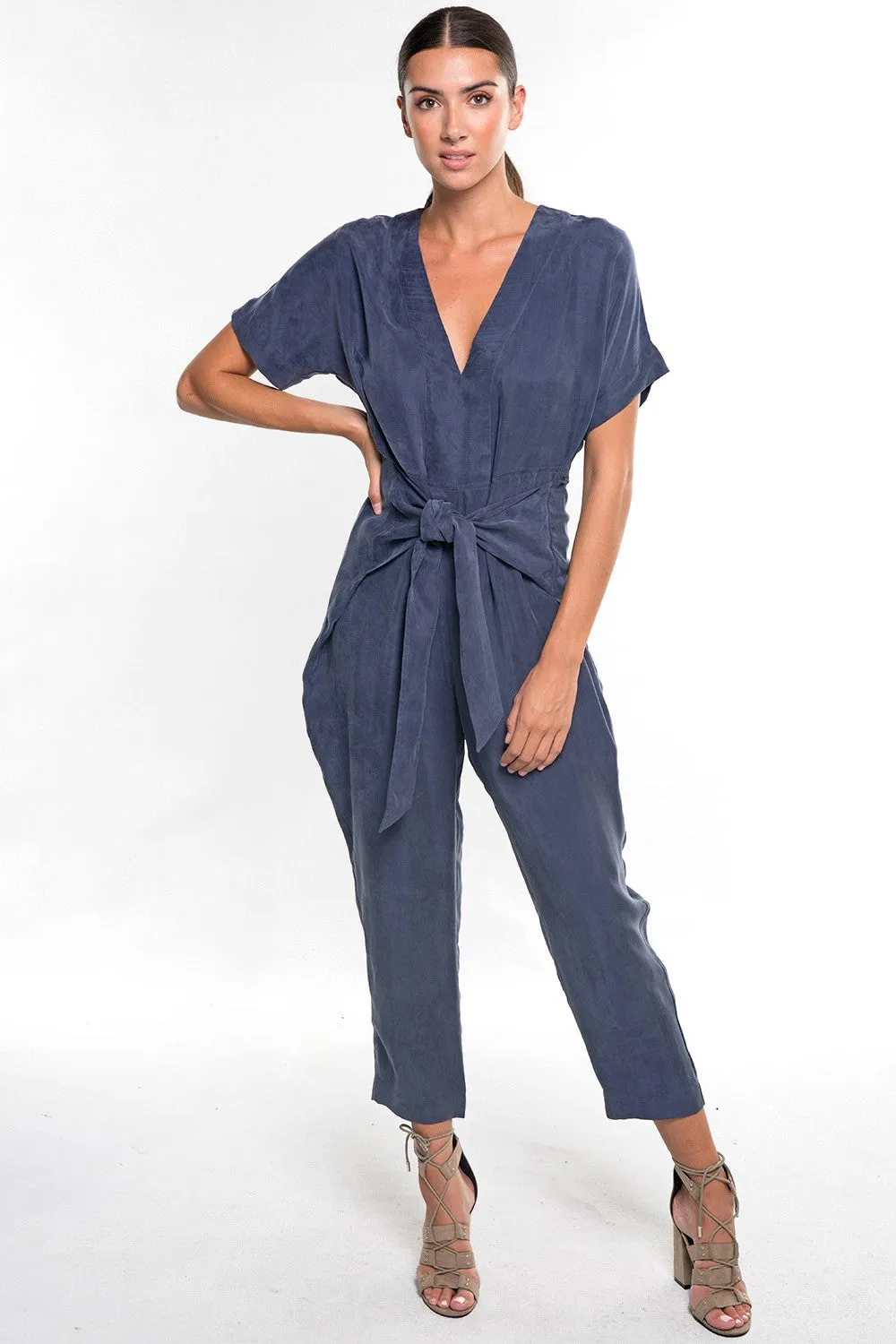 Short Dolman Sleeve V Neck Tie Front Jumpsuit