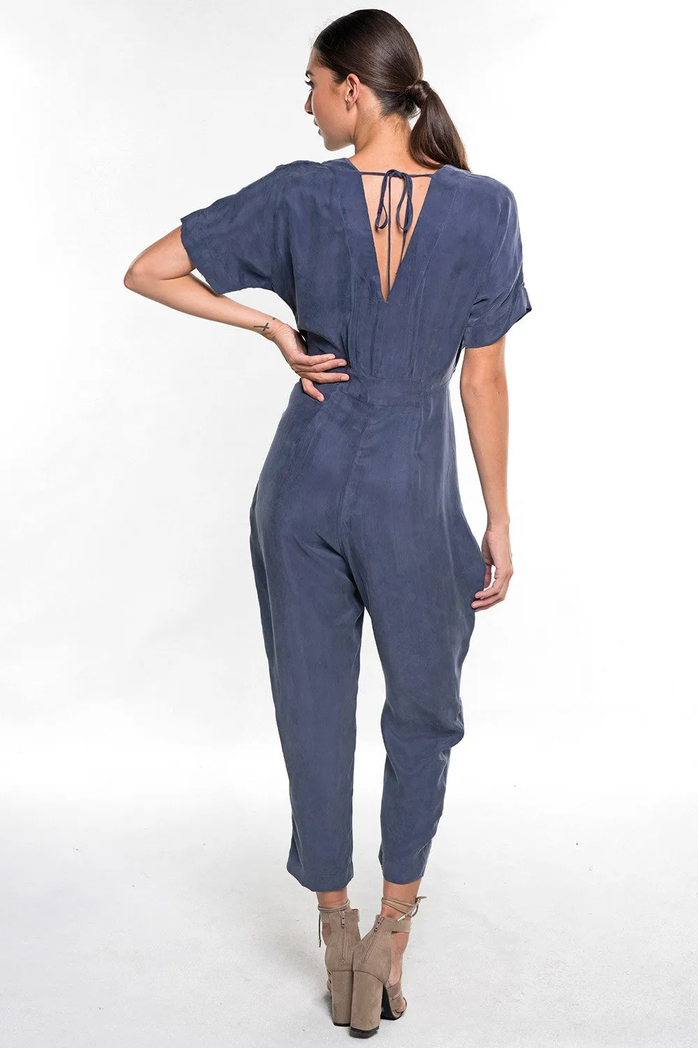 Short Dolman Sleeve V Neck Tie Front Jumpsuit