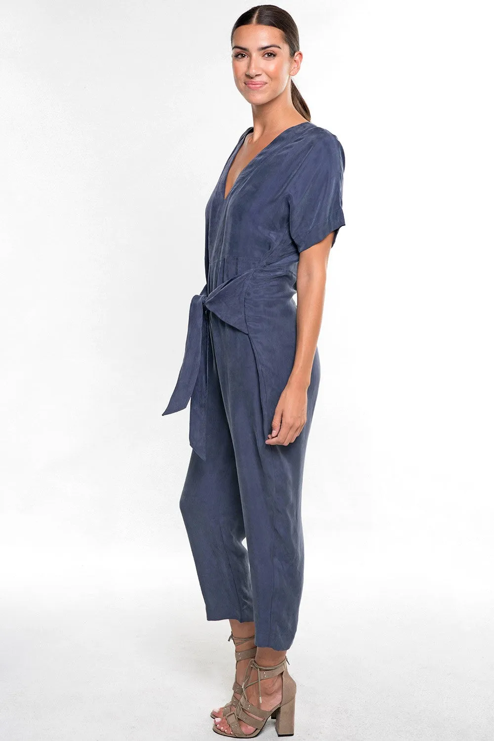 Short Dolman Sleeve V Neck Tie Front Jumpsuit
