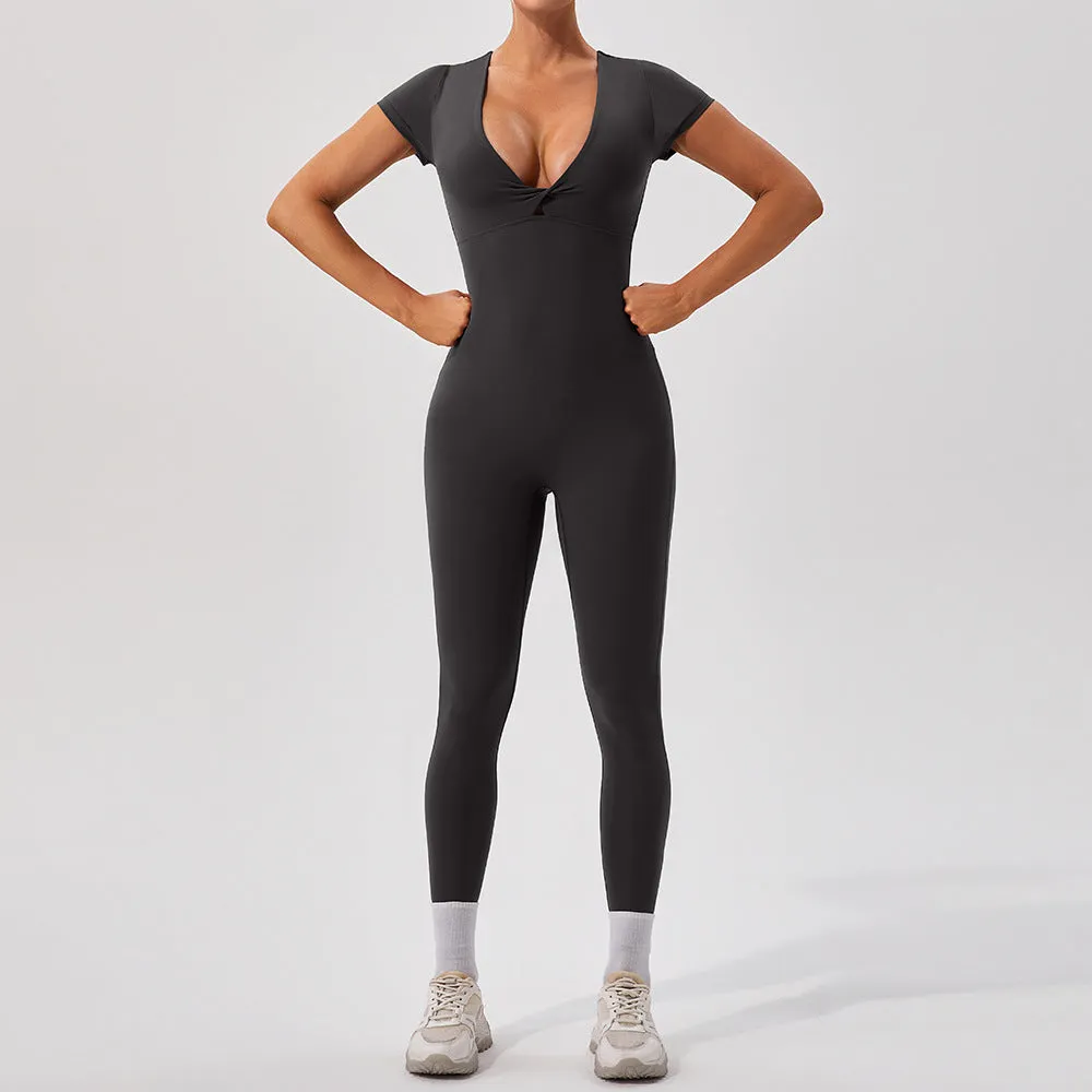Short Sleeve V-Neck Yoga Jumpsuit