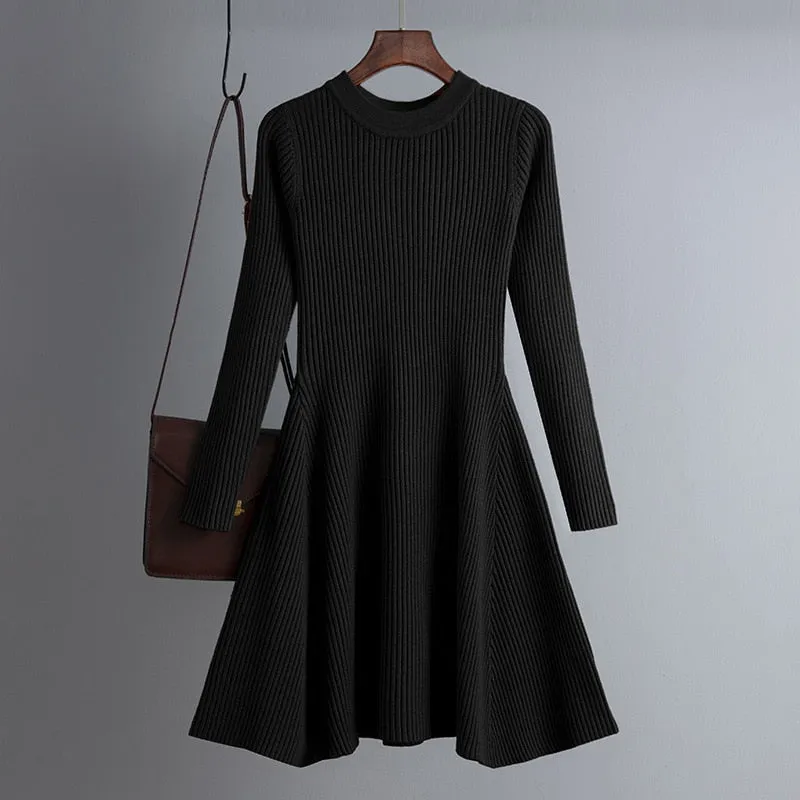 Simple Basic Autumn Winter A-line Thick Sweater Dress Women Elegant