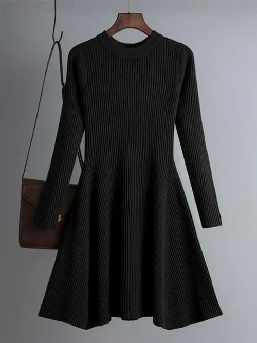 Simple Basic Autumn Winter A-line Thick Sweater Dress Women Elegant