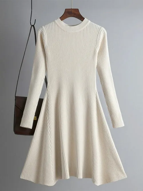 Simple Basic Autumn Winter A-line Thick Sweater Dress Women Elegant