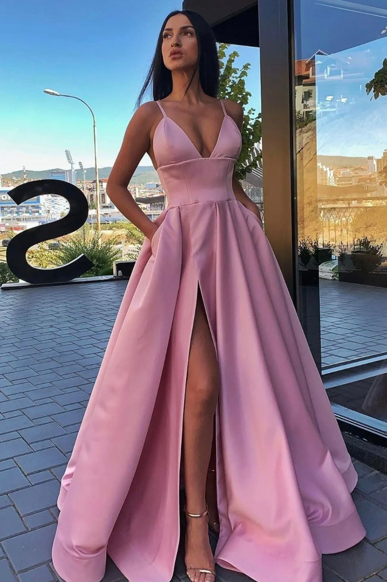 Simple V-neck Satin Long Prom Dress, A-Line Spaghetti Strap Evening with Slit