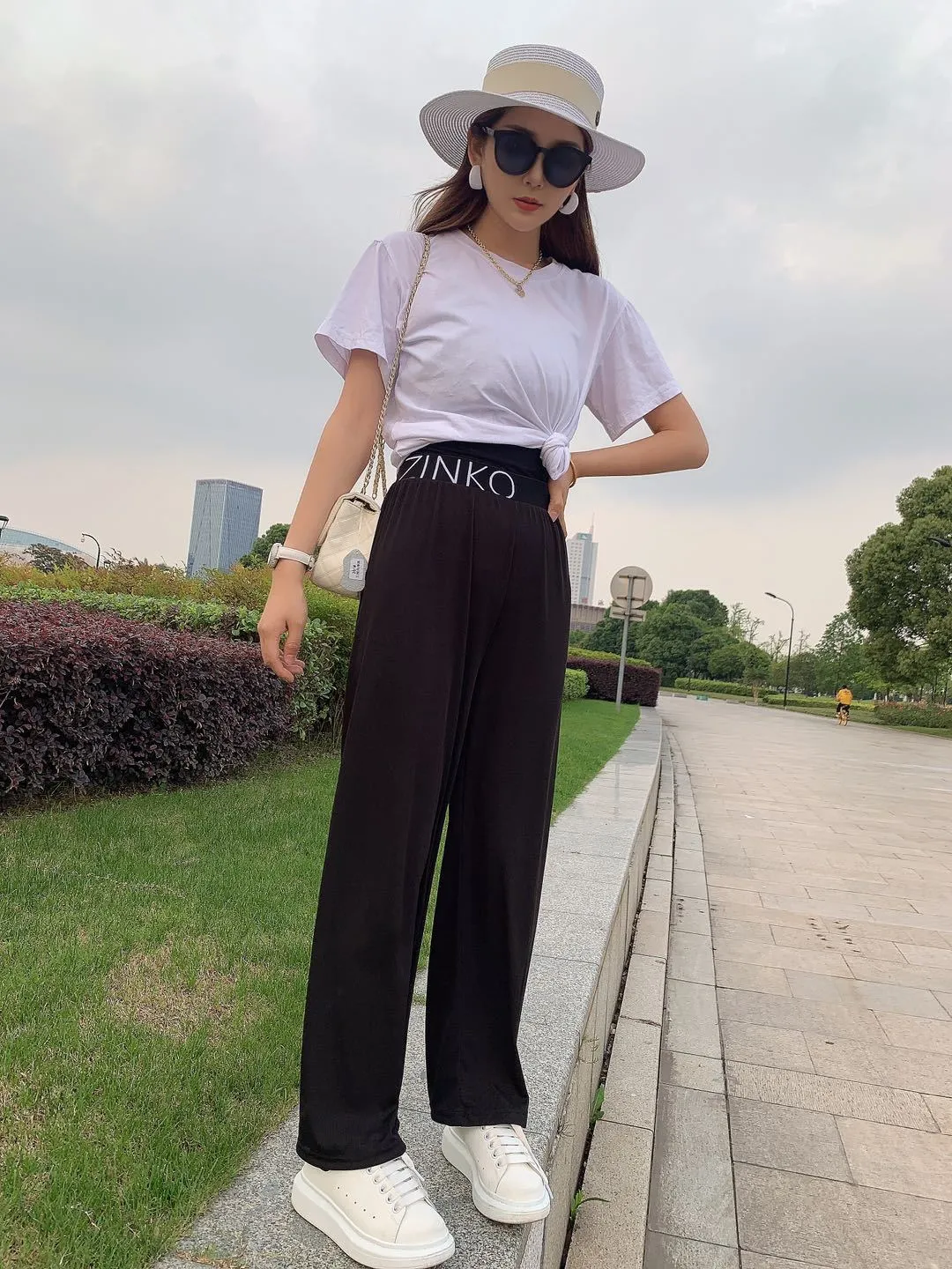 Summer Alphabets High Waist Wide Leg Pants Ice Silk Women Drape Slim Look Straight Floor Length Pants