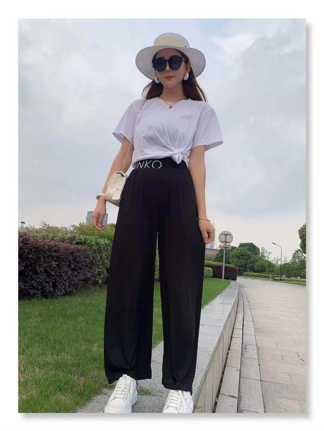 Summer Alphabets High Waist Wide Leg Pants Ice Silk Women Drape Slim Look Straight Floor Length Pants