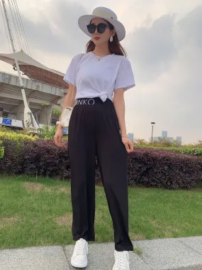 Summer Alphabets High Waist Wide Leg Pants Ice Silk Women Drape Slim Look Straight Floor Length Pants