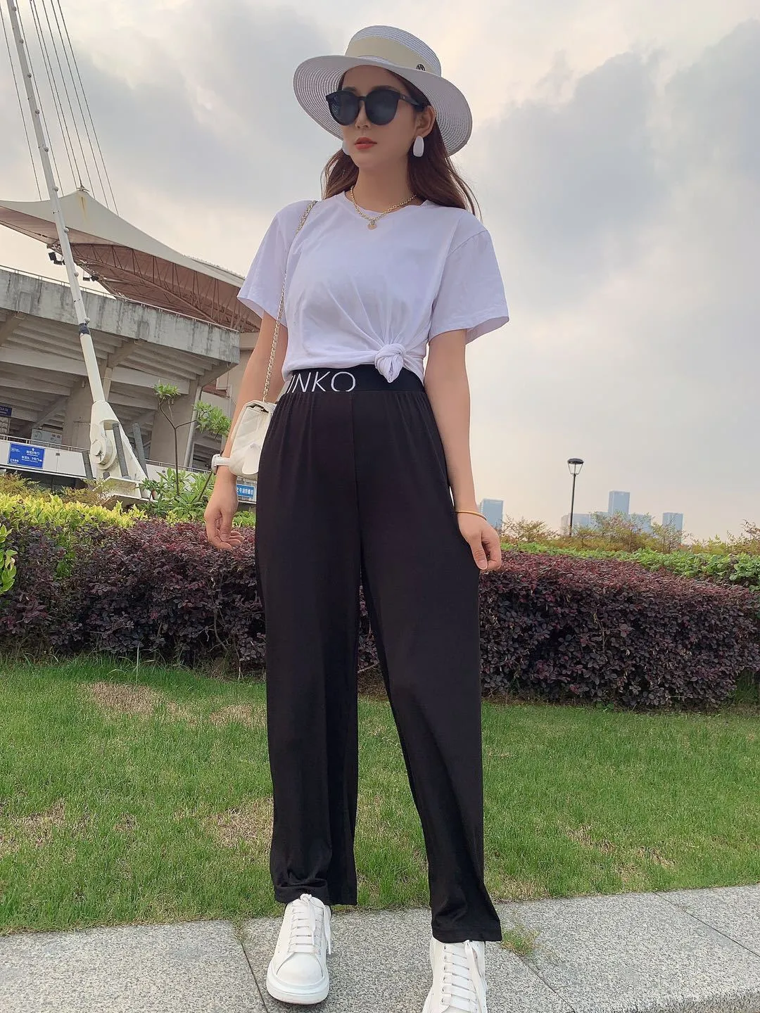 Summer Alphabets High Waist Wide Leg Pants Ice Silk Women Drape Slim Look Straight Floor Length Pants
