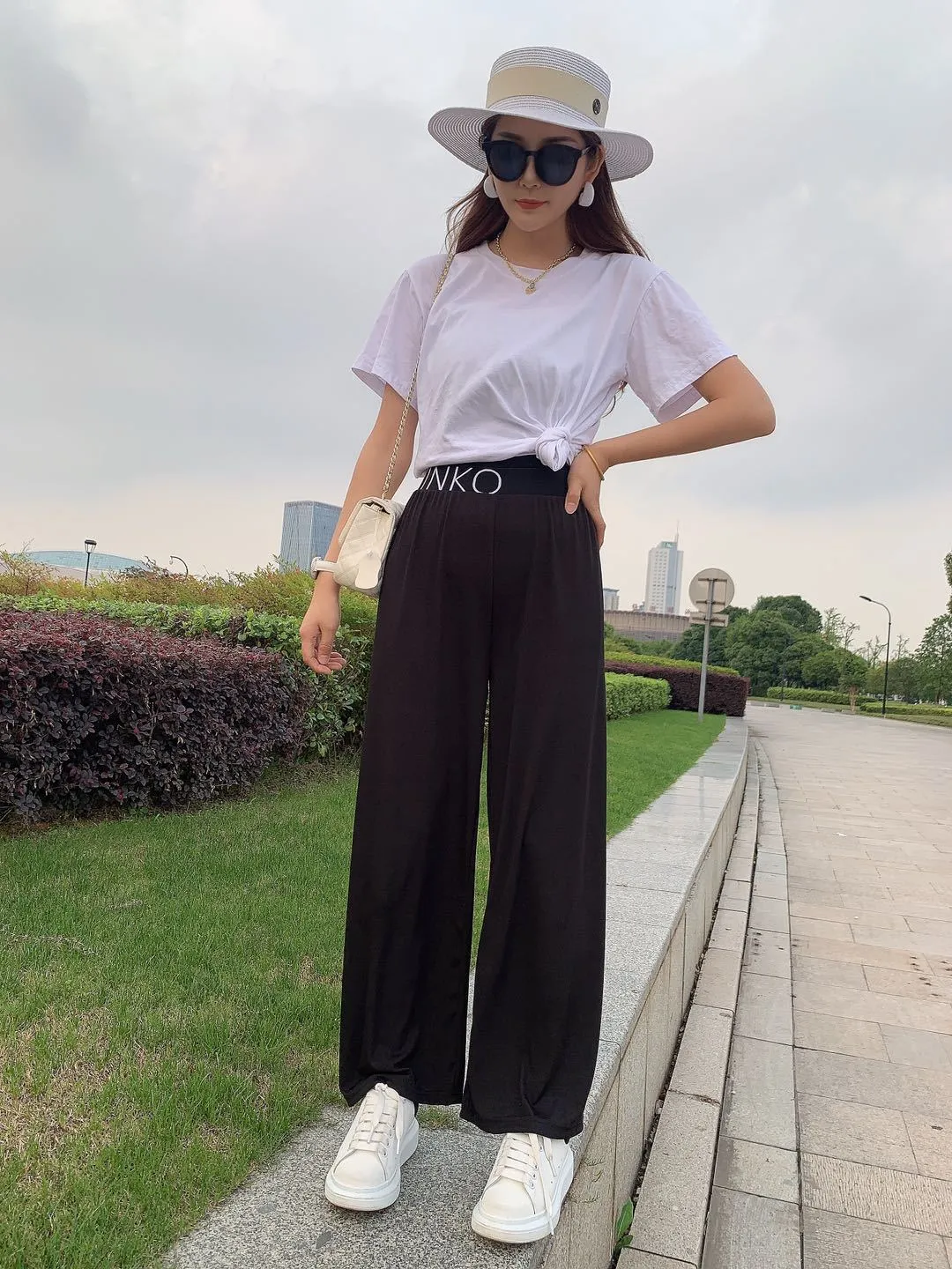 Summer Alphabets High Waist Wide Leg Pants Ice Silk Women Drape Slim Look Straight Floor Length Pants