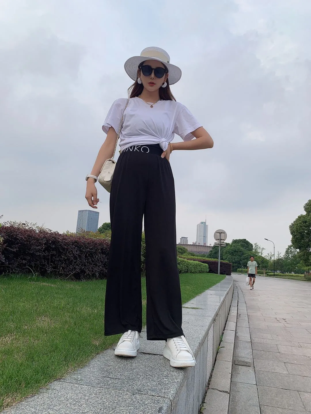 Summer Alphabets High Waist Wide Leg Pants Ice Silk Women Drape Slim Look Straight Floor Length Pants