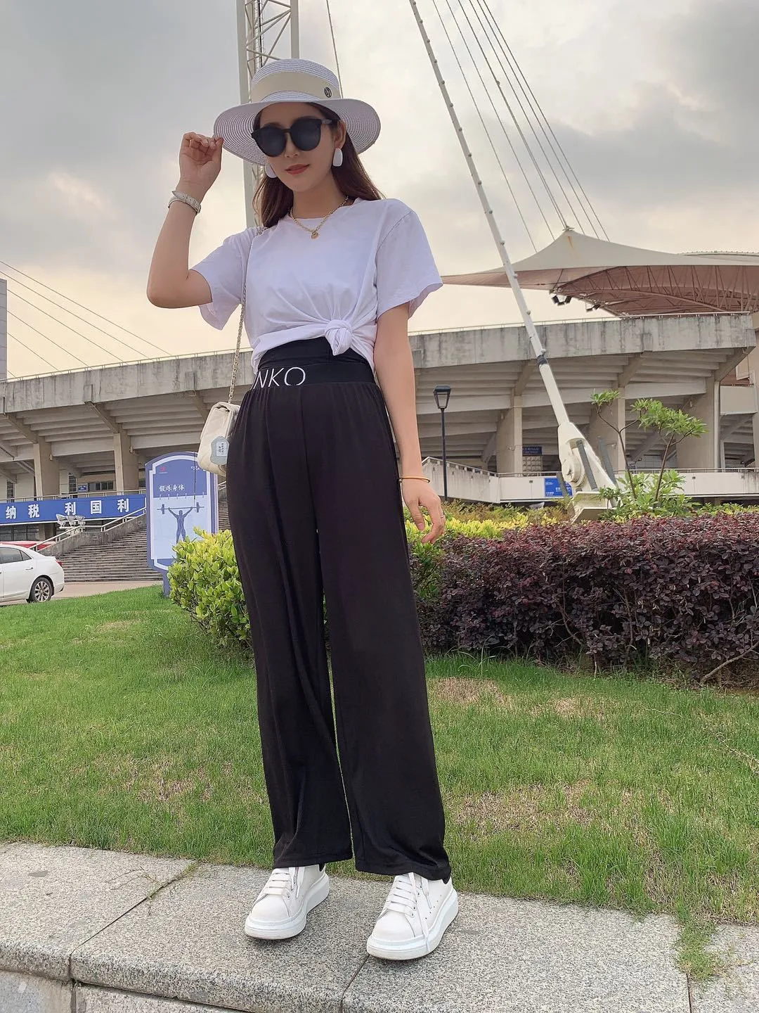 Summer Alphabets High Waist Wide Leg Pants Ice Silk Women Drape Slim Look Straight Floor Length Pants