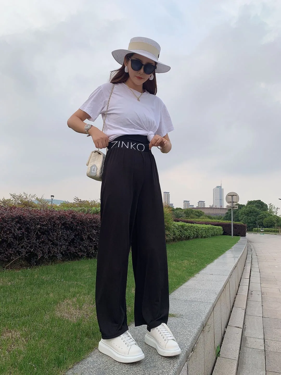 Summer Alphabets High Waist Wide Leg Pants Ice Silk Women Drape Slim Look Straight Floor Length Pants