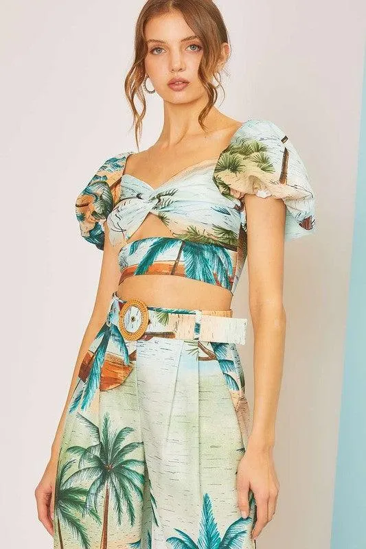 tropical vaca print high waist wide leg pants