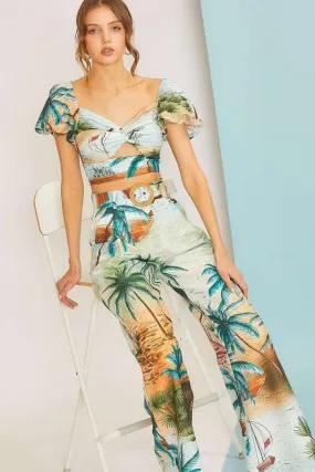 tropical vaca print high waist wide leg pants