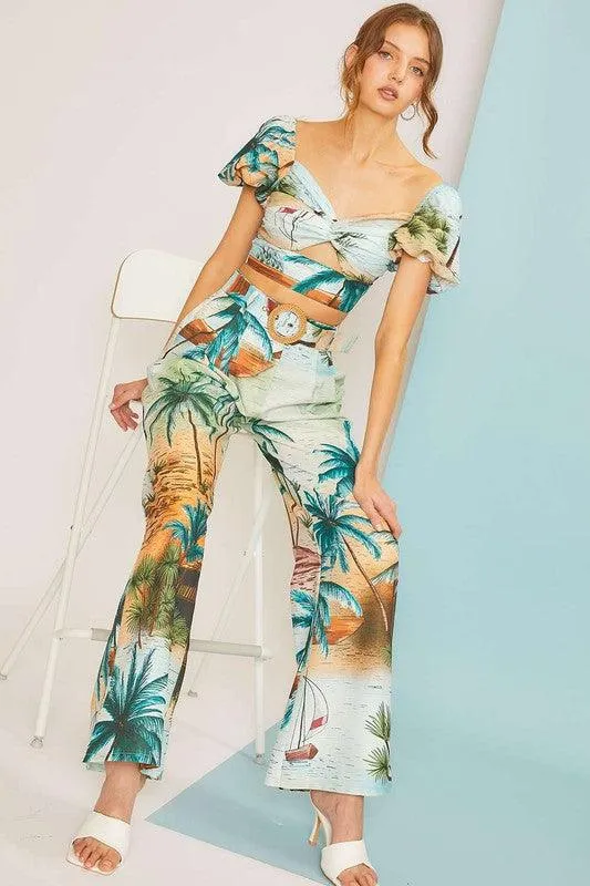 tropical vaca print high waist wide leg pants