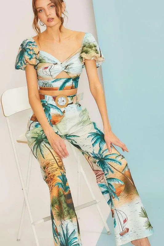 tropical vaca print high waist wide leg pants