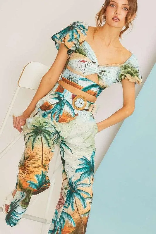 tropical vaca print high waist wide leg pants