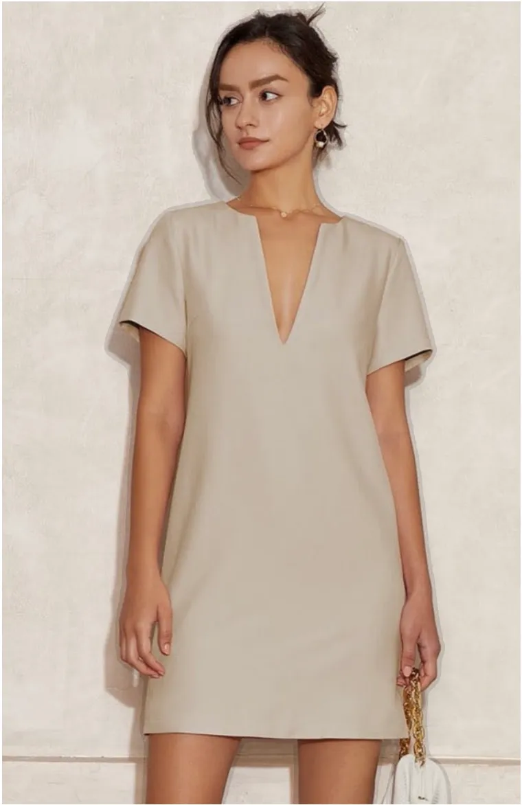 Vanessa V-Neck Solid Tunic Mini Dress - Khaki S/M