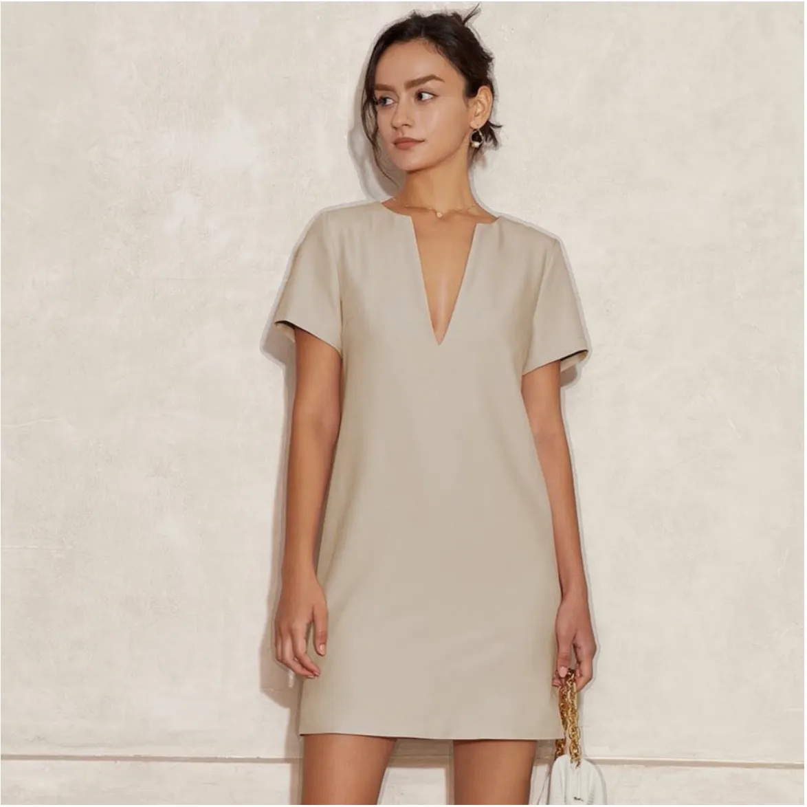 Vanessa V-Neck Solid Tunic Mini Dress - Khaki S/M