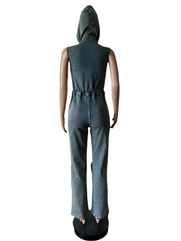 Vintage Denim Hooded Jumpsuit for Women – Stretch Jean Romper with Zipper Pockets, Drawstring Waist Streetwear Overalls