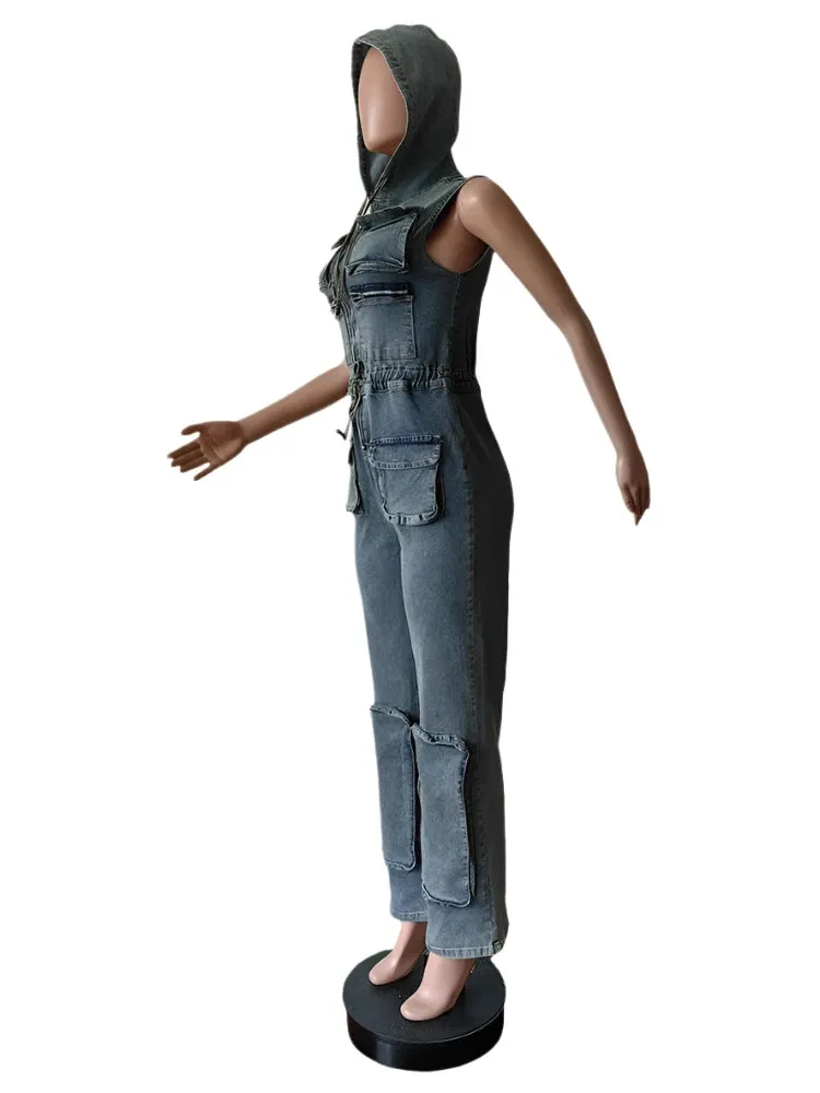 Vintage Denim Hooded Jumpsuit for Women – Stretch Jean Romper with Zipper Pockets, Drawstring Waist Streetwear Overalls