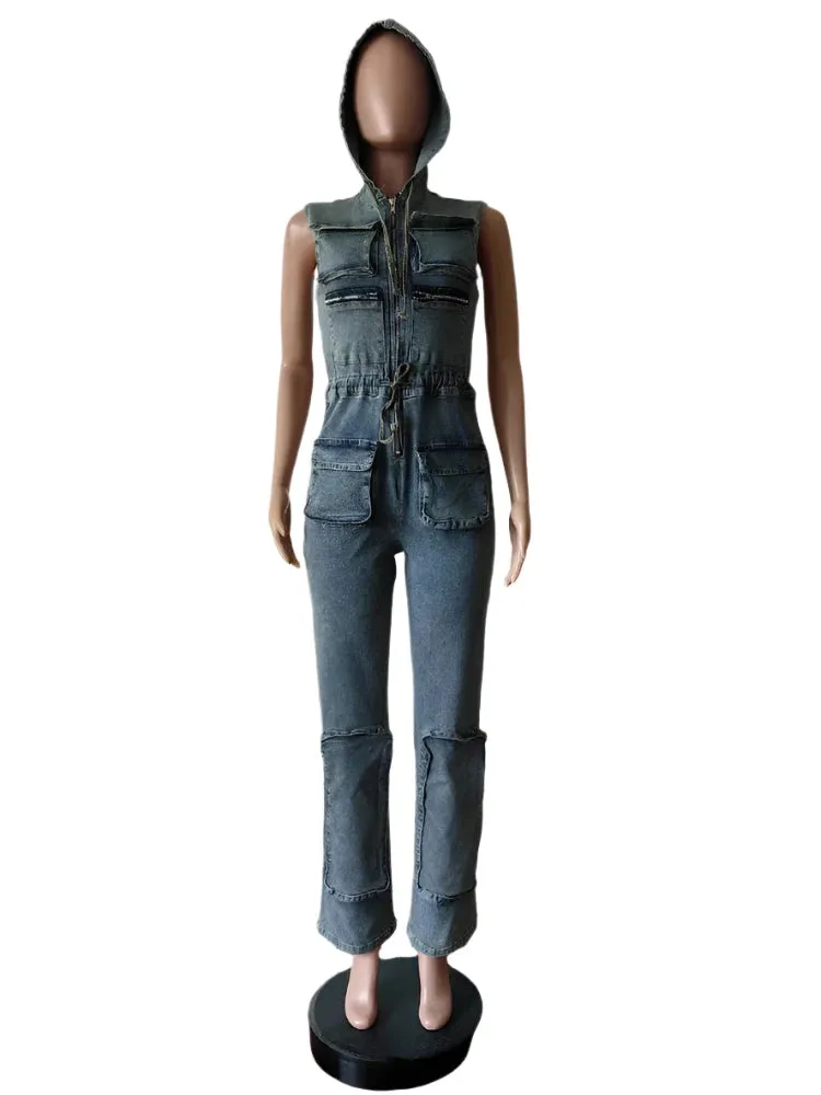 Vintage Denim Hooded Jumpsuit for Women – Stretch Jean Romper with Zipper Pockets, Drawstring Waist Streetwear Overalls