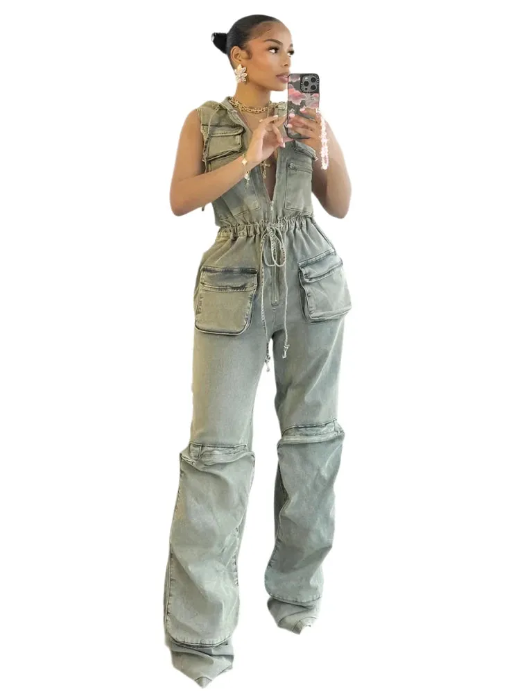 Vintage Denim Hooded Jumpsuit for Women – Stretch Jean Romper with Zipper Pockets, Drawstring Waist Streetwear Overalls