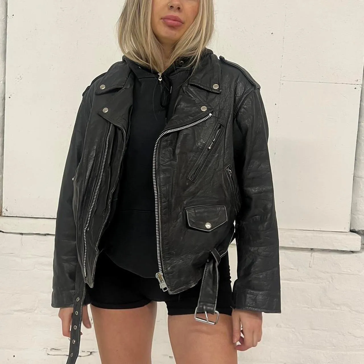 Vintage Leather Biker Style Jacket - M
