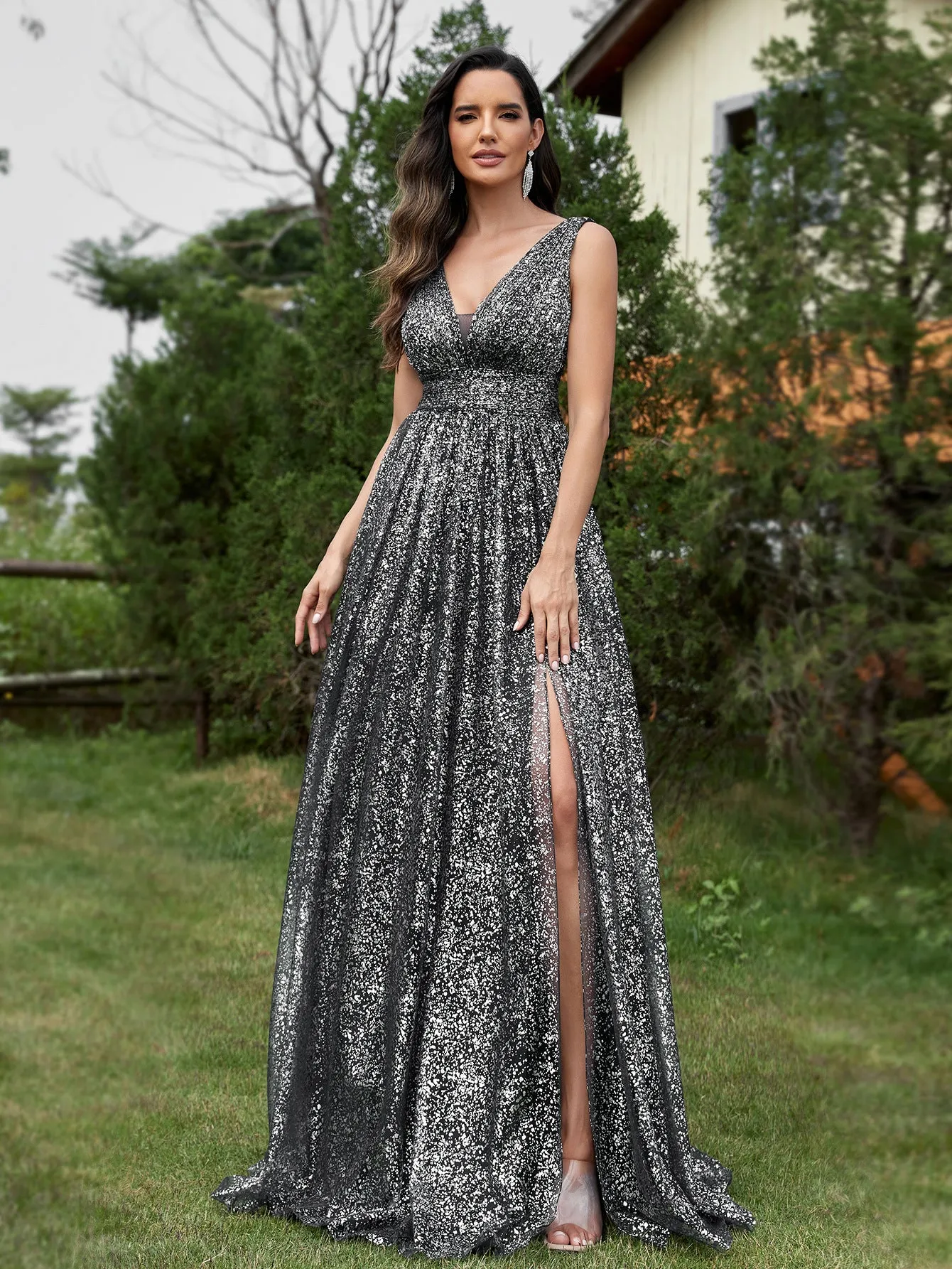 Women Elegant Lace Slim Fit Long Split Evening Dress