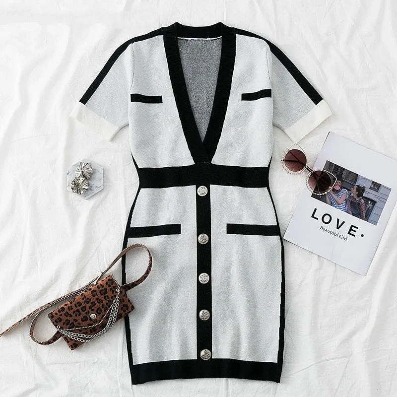Women's Autumn Deep V-Neck Knitted Bodycon Dress