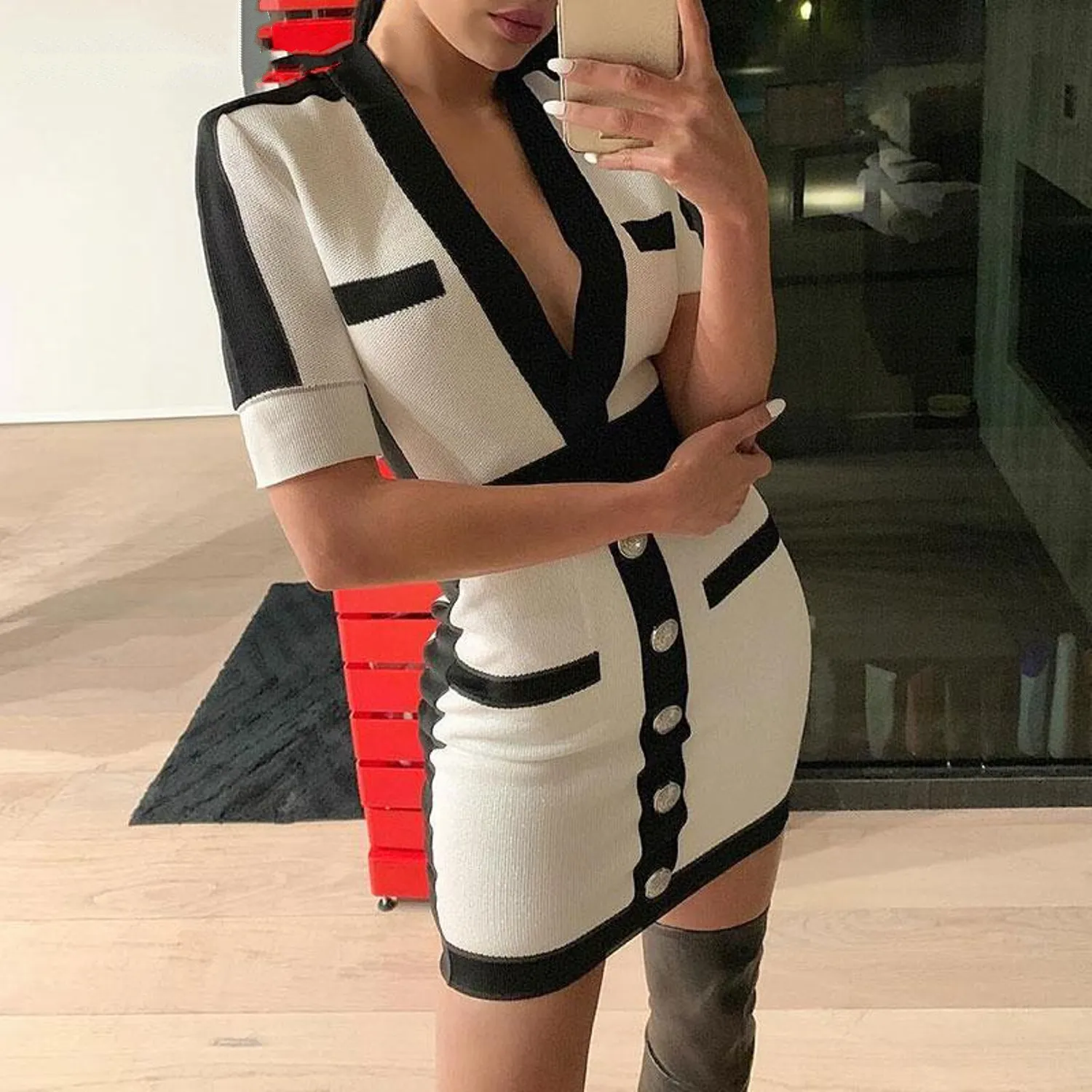 Women's Autumn Deep V-Neck Knitted Bodycon Dress