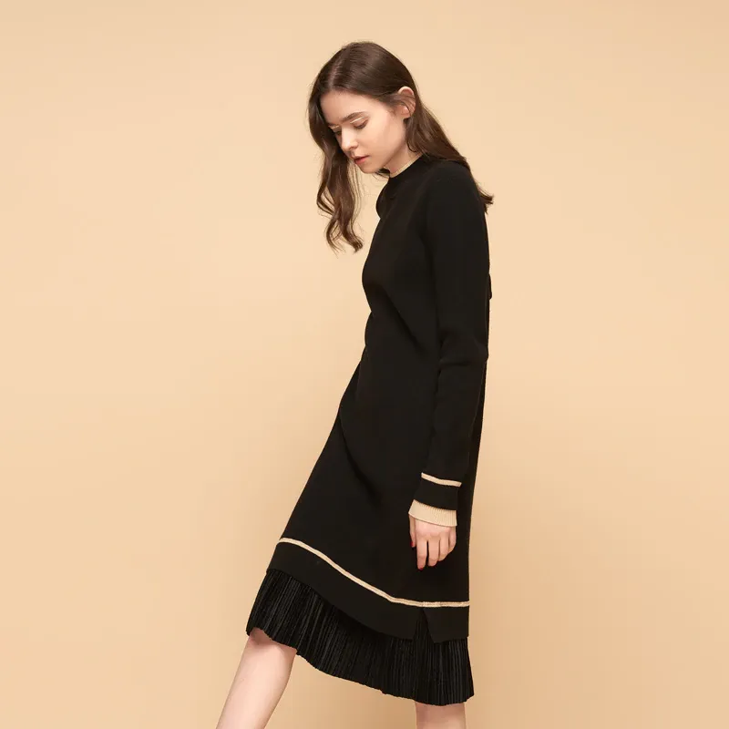 Women's Autumn Knitted O-Neck Long-Sleeved Midi Dress