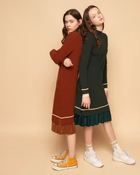 Women's Autumn Knitted O-Neck Long-Sleeved Midi Dress