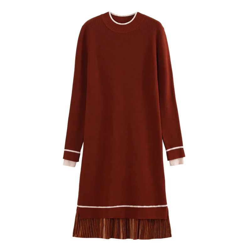 Women's Autumn Knitted O-Neck Long-Sleeved Midi Dress