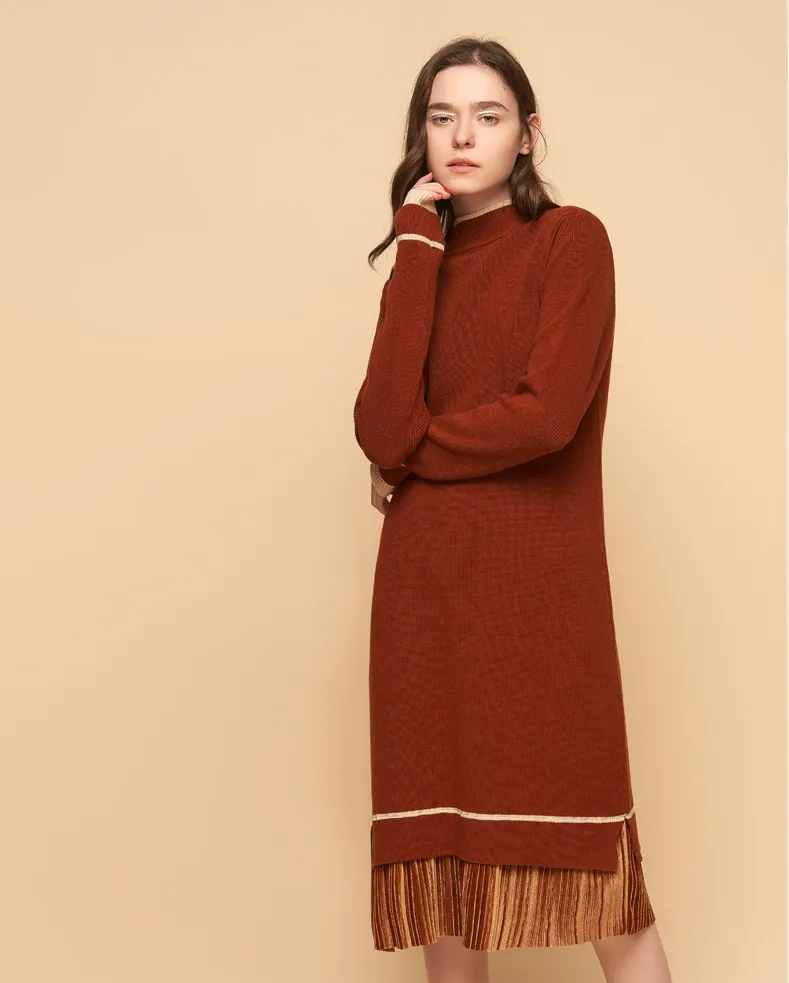 Women's Autumn Knitted O-Neck Long-Sleeved Midi Dress